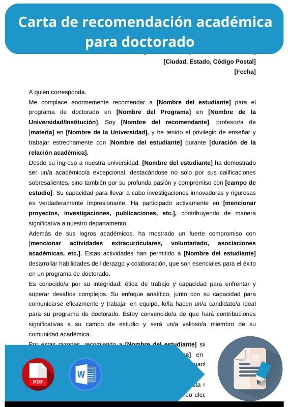 ejemplo de carta de recomendacion academica para doctorado