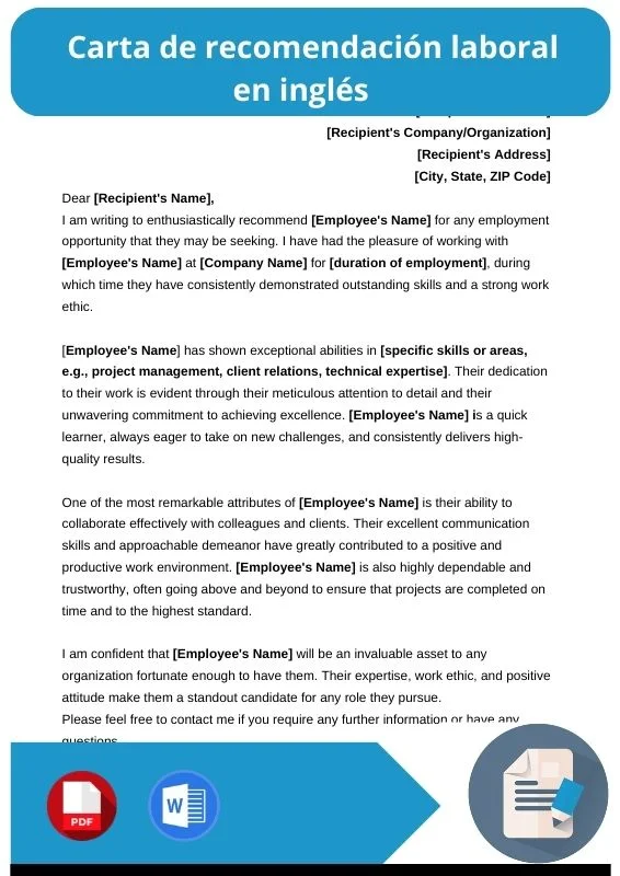 ejemplo de carta de recomendacion laboral en ingles