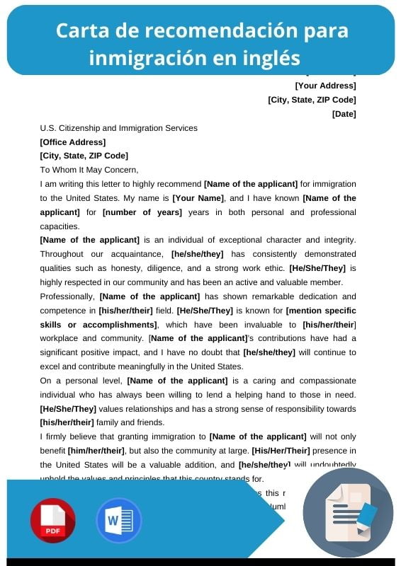 ejemplo de carta de recomendacion para inmigracion en ingles