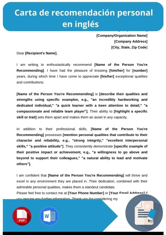 ejemplo de carta de recomendacion personal en ingles