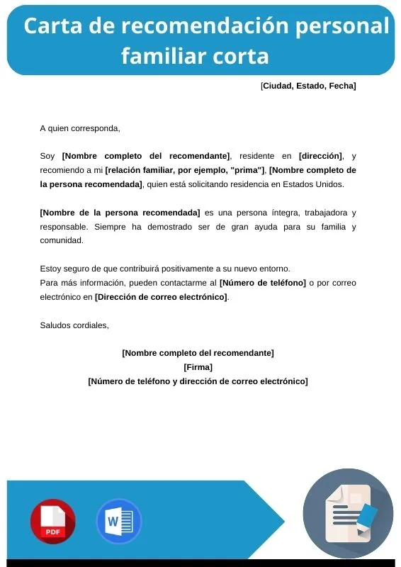 ejemplo de carta de recomendacion personal familiar corta