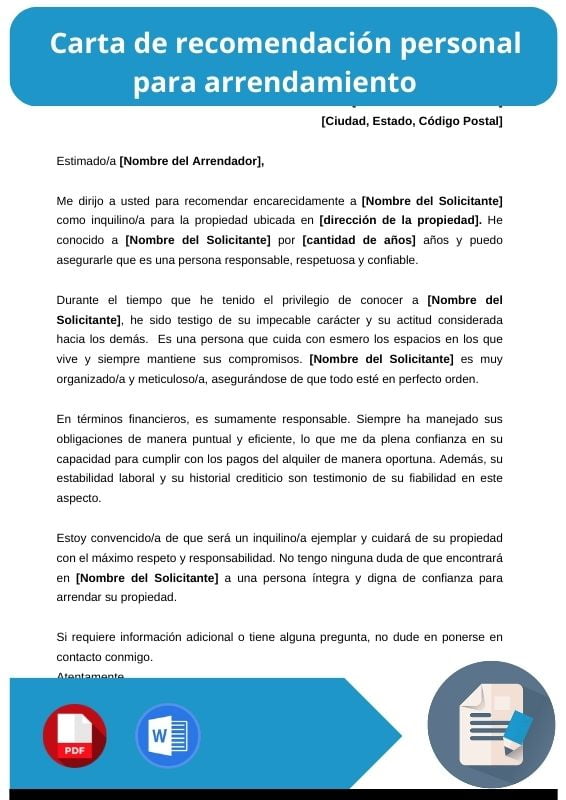 ejemplo de carta de recomendacion personal para arrendamiento