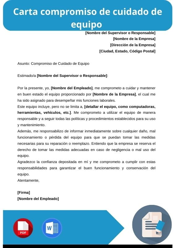 ejemplo de carta compromiso de cuidado de equipo