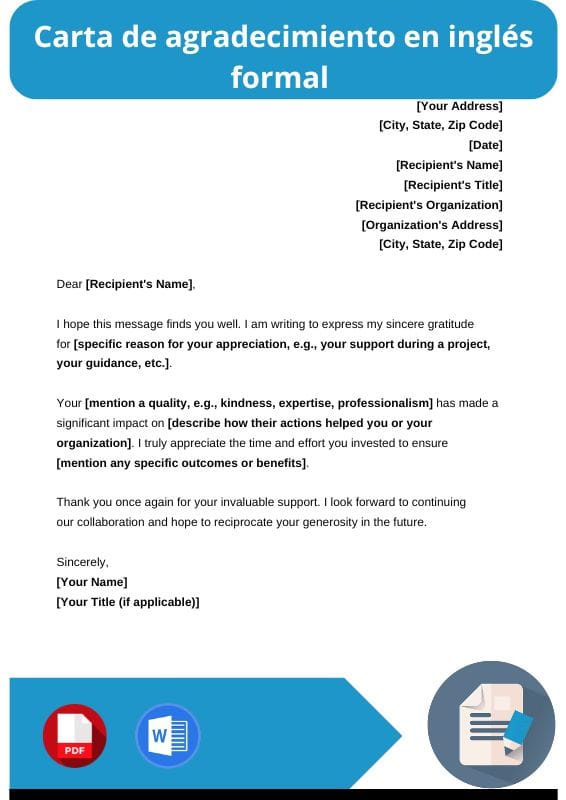 ejemplo de carta de agradecimiento en ingles formal