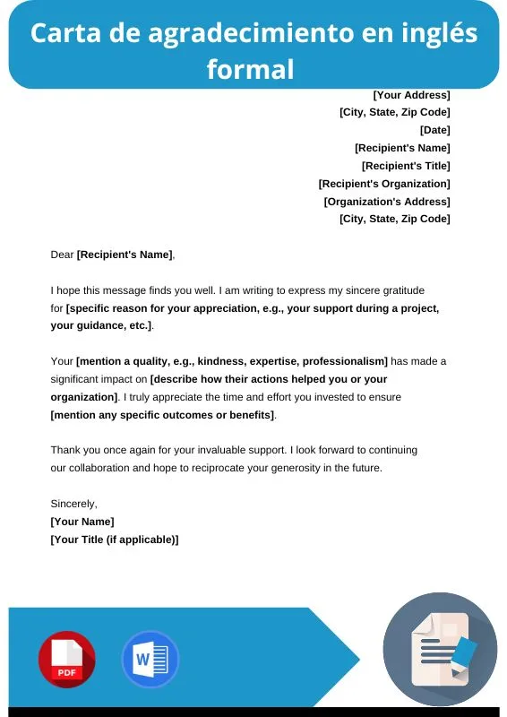 ejemplo de carta de agradecimiento en ingles formal