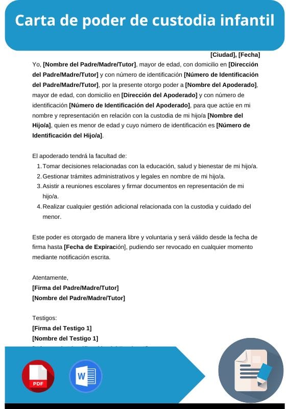 ejemplo de carta de poder de custodia infantil