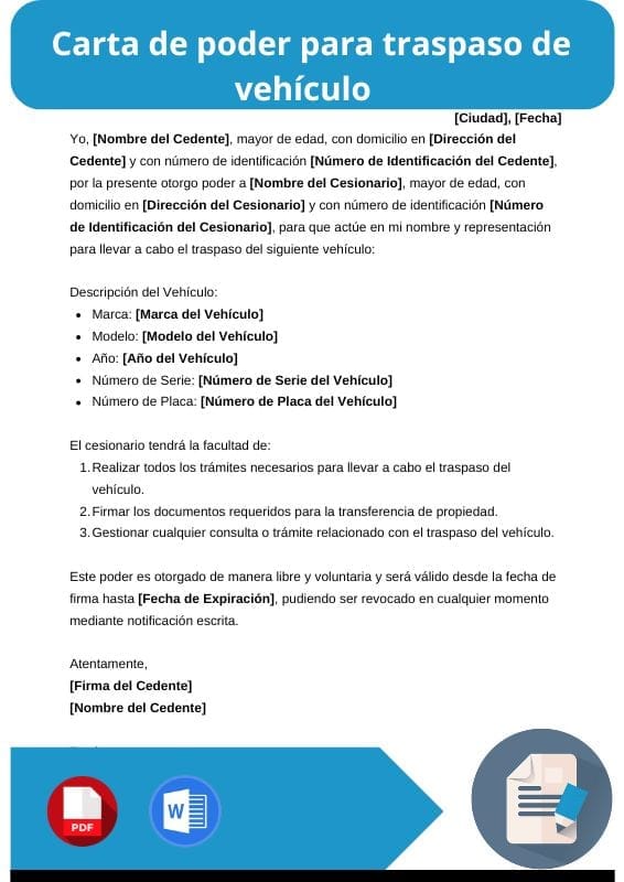 ejemplo de carta de poder para traspaso de vehiculo