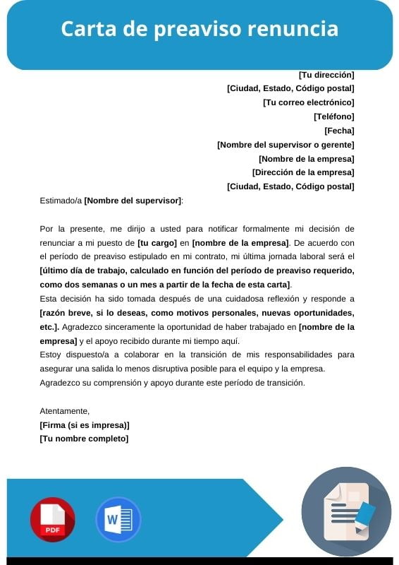 ejemplo de carta de preaviso renuncia