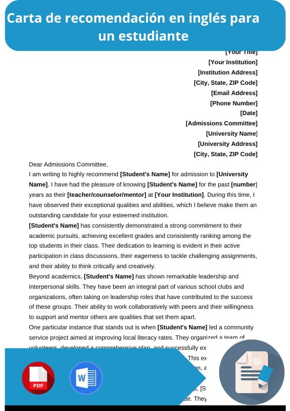 ejemplo de carta de recomendacion en ingles para un estudiante
