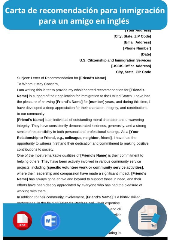 ejemplo de carta de recomendacion para inmigracion para un amigo en ingles