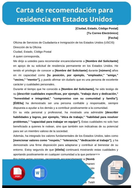 ejemplo de carta de recomendacion para residencia en Estados Unidos