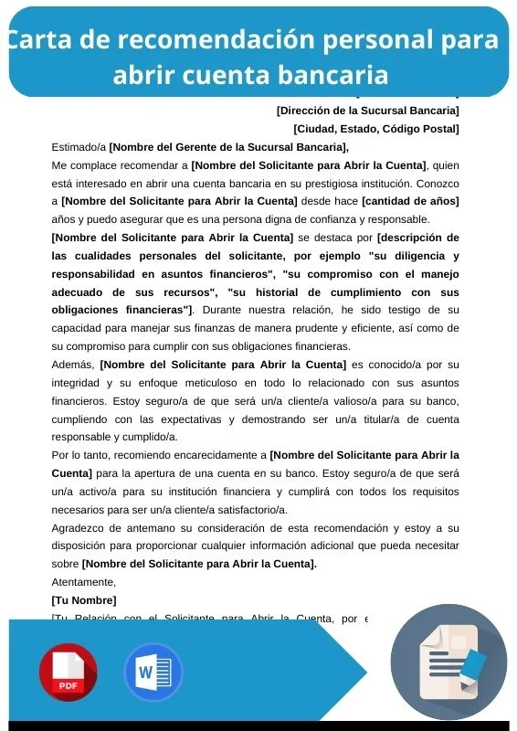 ejemplo de carta de recomendacion personal para abrir cuenta bancaria