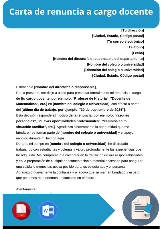 ejemplo de carta de renuncia a cargo docente