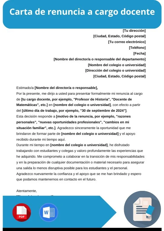 ejemplo de carta de renuncia a cargo docente