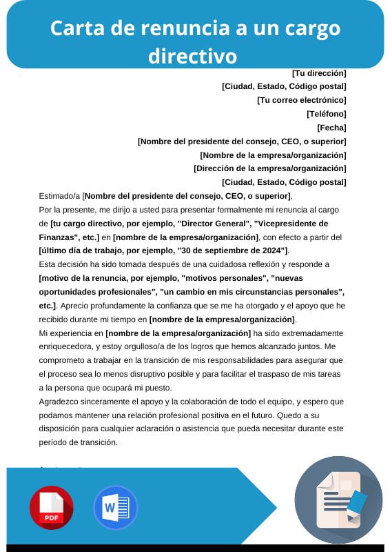 ejemplo de carta de renuncia a un cargo directivo