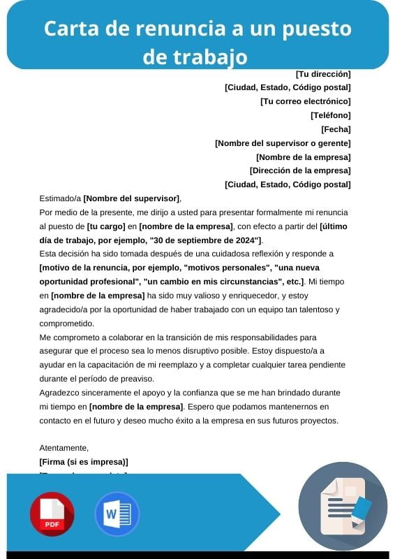 ejemplo de carta de renuncia a un puesto de trabajo
