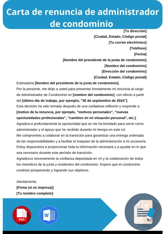ejemplo de carta de renuncia de administrador de condominio