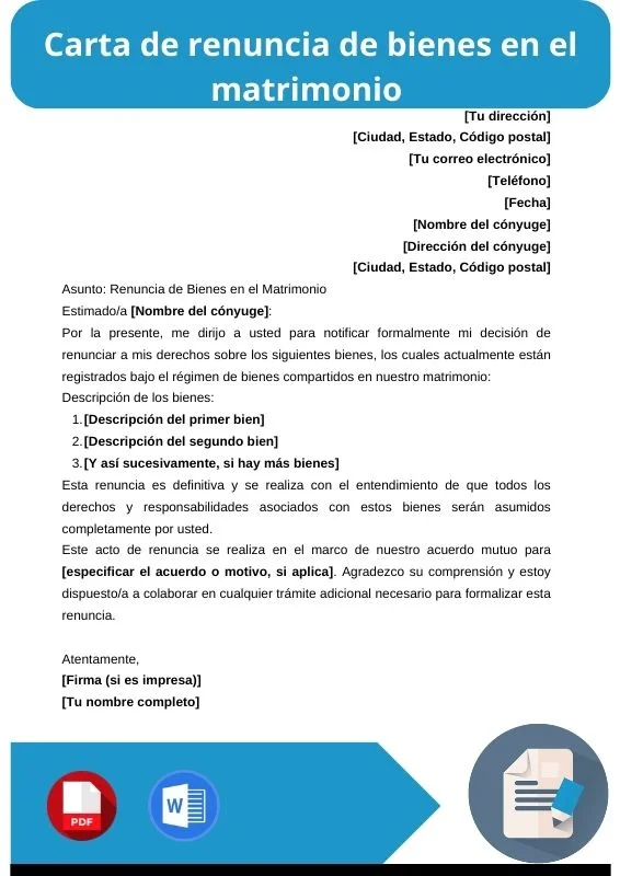 ejemplo de carta de renuncia de bienes en el matrimonio