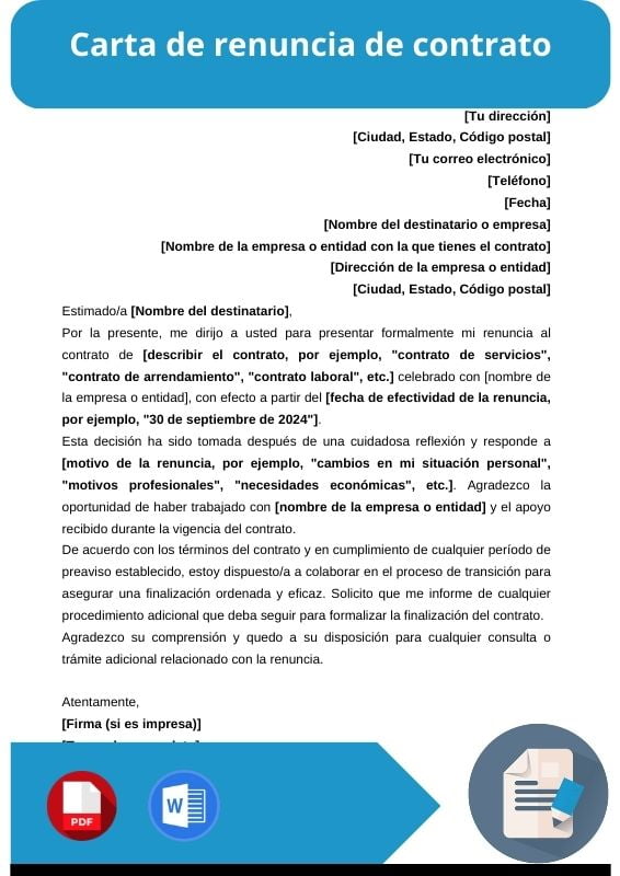 ejemplo de carta de renuncia de contrato
