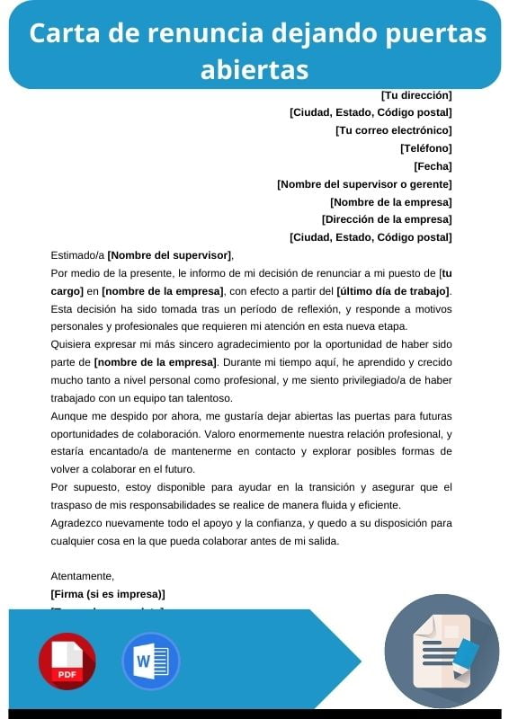 ejemplo de carta de renuncia dejando puertas abiertas