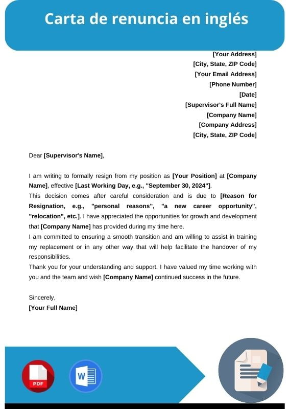 ejemplo de carta de renuncia en ingles