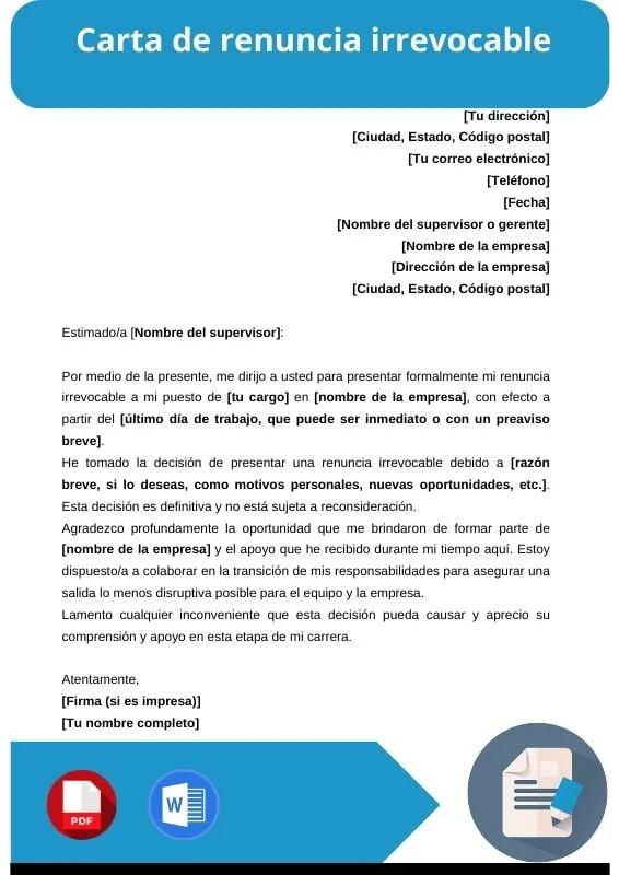 ejemplo de carta de renuncia irrevocable