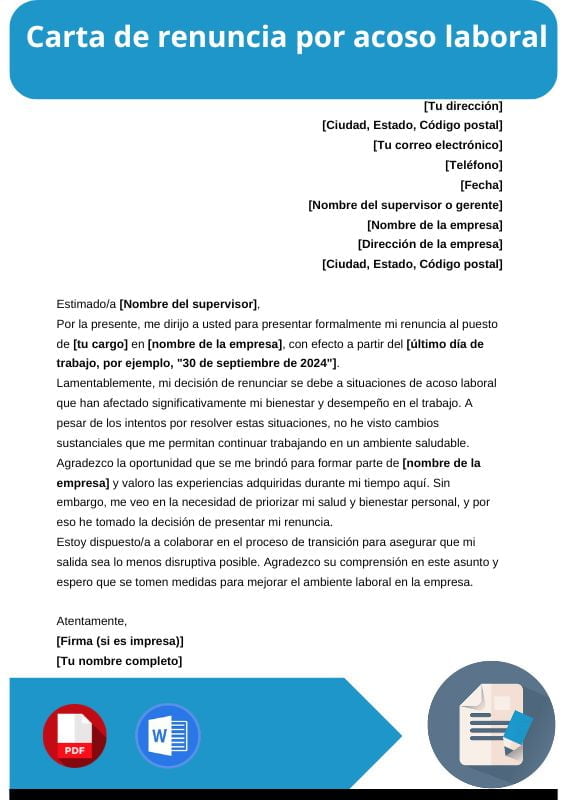 ejemplo de carta de renuncia por acoso laboral