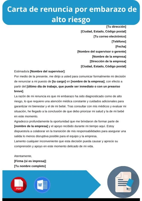ejemplo de carta de renuncia por embarazo de alto riesgo