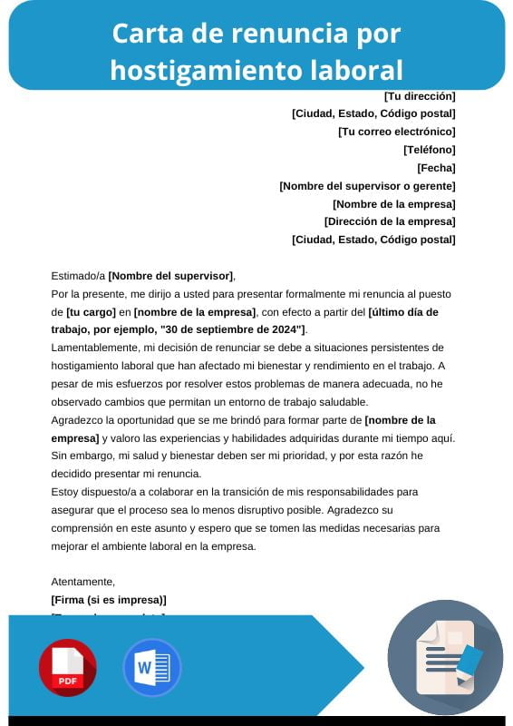 ejemplo de carta de renuncia por hostigamiento laboral