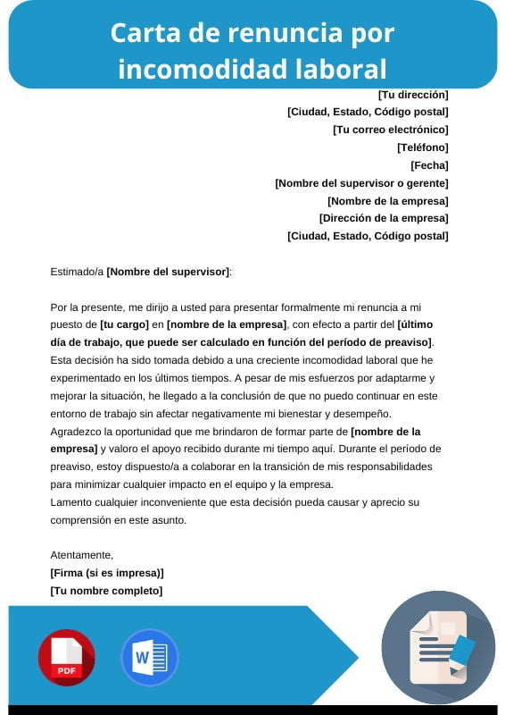 ejemplo de carta de renuncia por incomodidad laboral