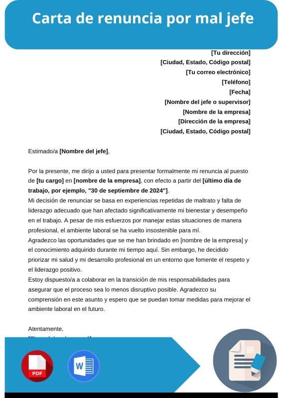 ejemplo de carta de renuncia por mal jefe