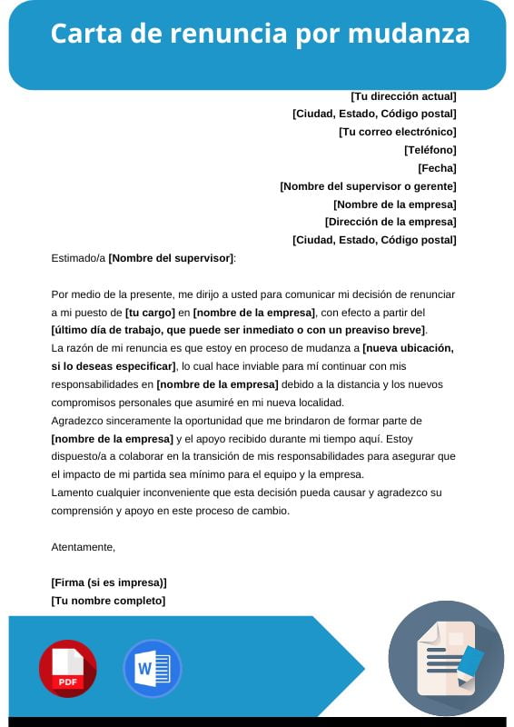 ejemplo de carta de renuncia por mudanza