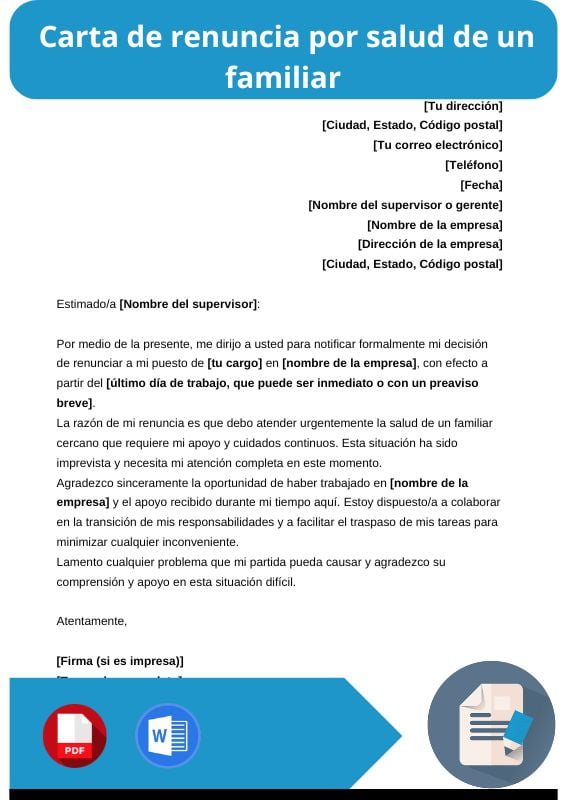 ejemplo de carta de renuncia por salud de un familiar