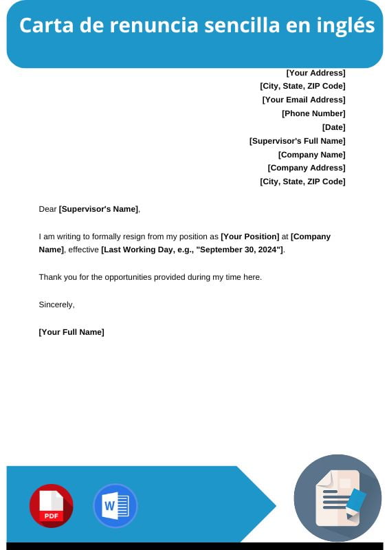 ejemplo de carta de renuncia sencilla en ingles
