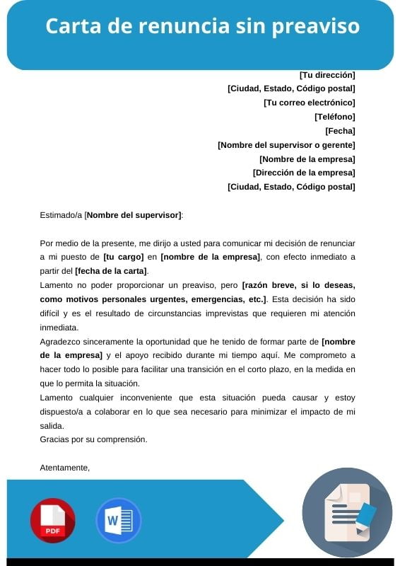 ejemplo de carta de renuncia sin preaviso