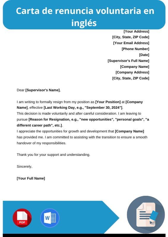 ejemplo de carta de renuncia voluntaria en ingles