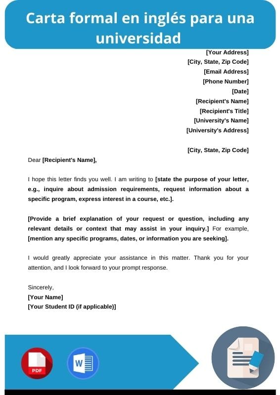 ejemplo de carta formal en ingles para una universidad