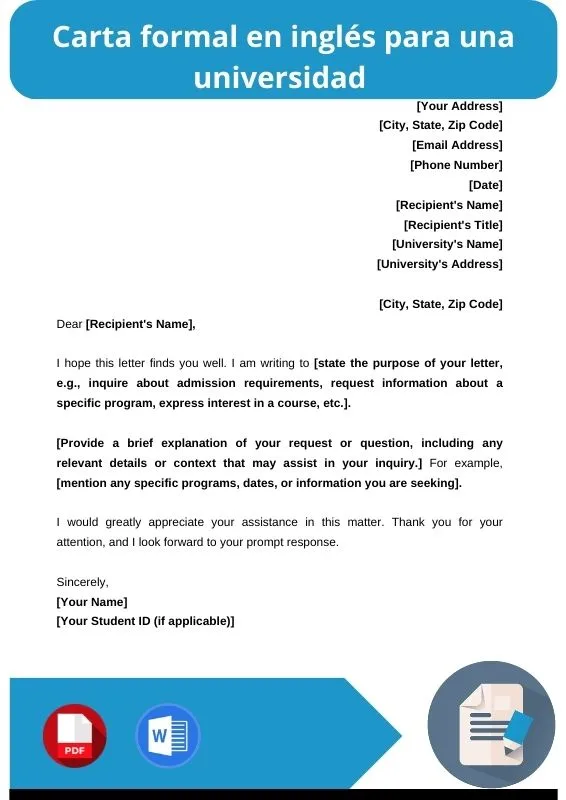 ejemplo de carta formal en ingles para una universidad
