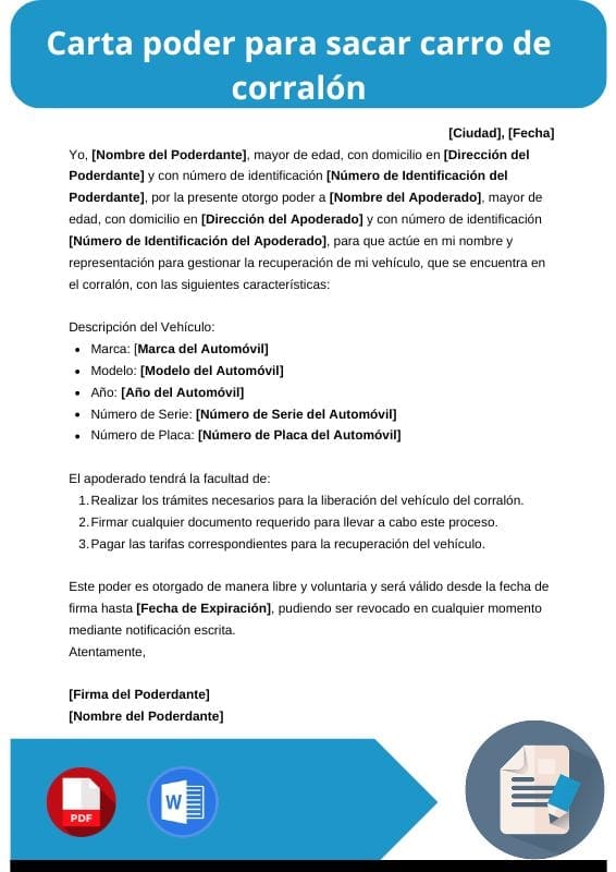 ejemplo de carta poder para sacar carro de corralon