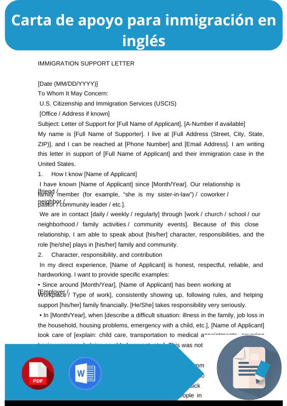 ejemplo de carta de apoyo para inmigracion en ingles