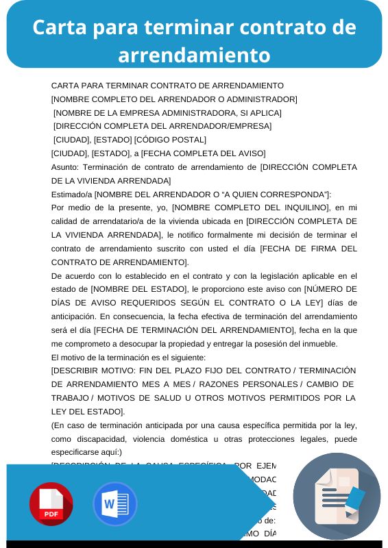 ejemplo de carta para terminar contrato de arrendamiento