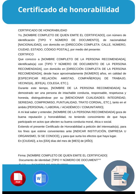 ejemplo de certificado de honorabilidad