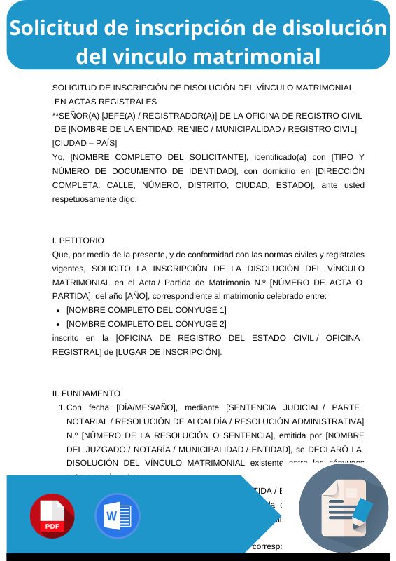 solicitud de inscripción de disolución del vinculo matrimonial